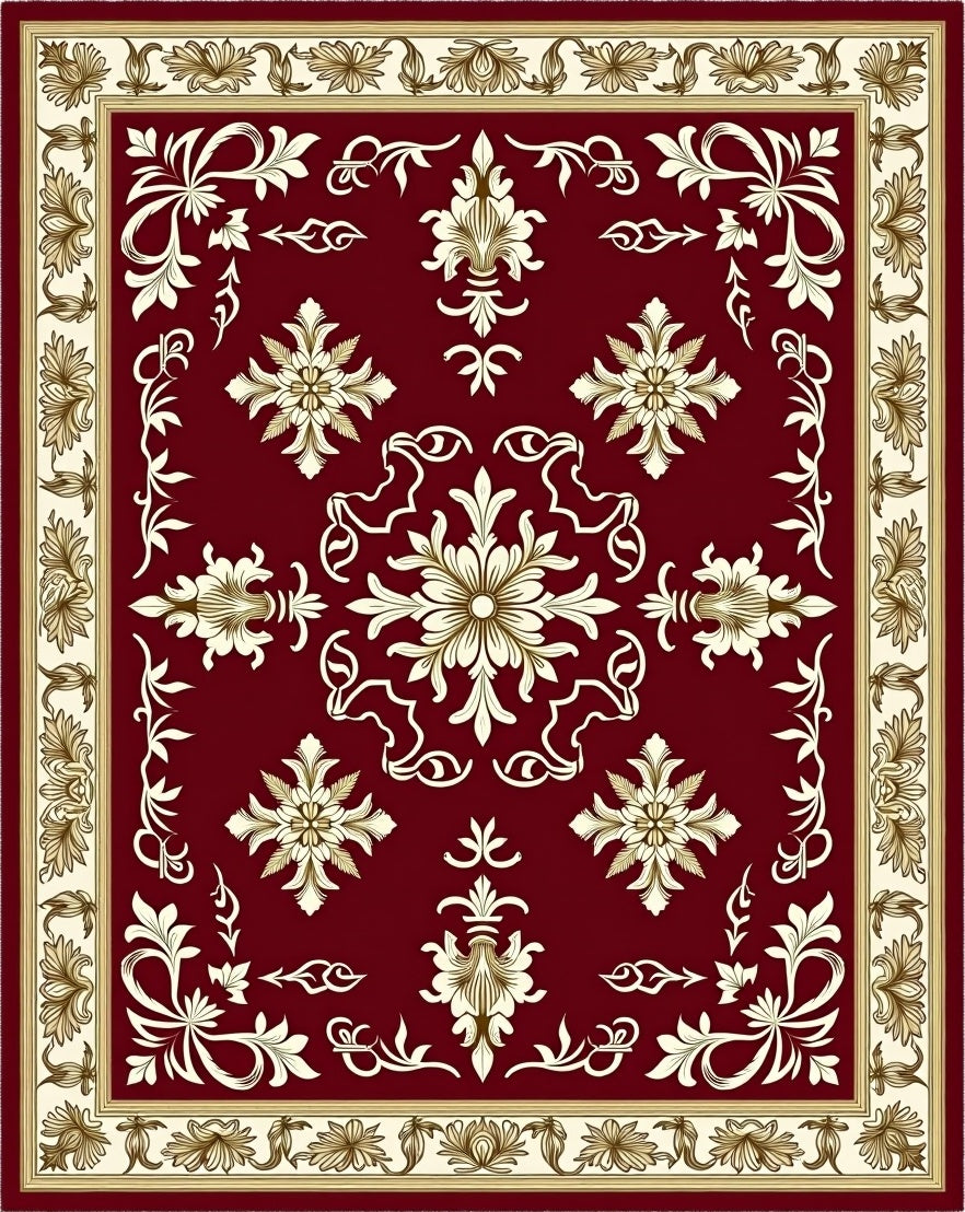 Burgundy Floral Medallion Border Rug