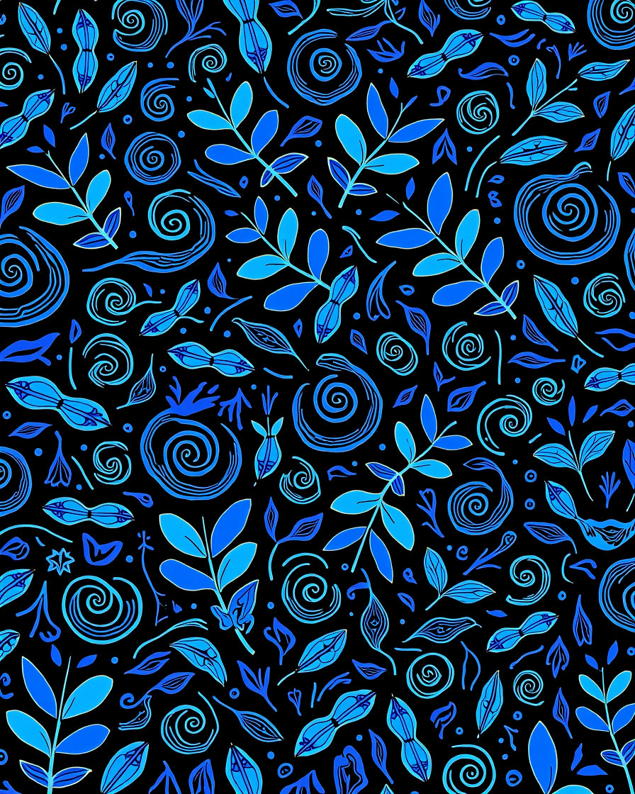 Vibrant Blue Leaf Swirl Composition Rug