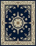 Classic Navy Cream Floral Medallion Rug