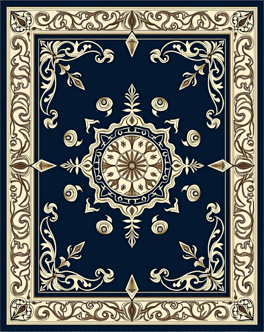 Classic Navy Cream Floral Medallion Rug
