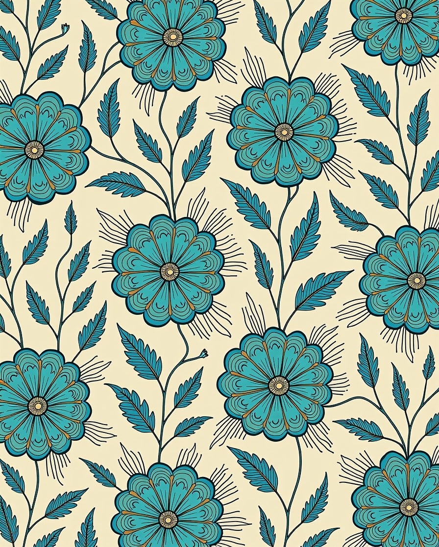 Cyan Floral Vine Pattern Rug