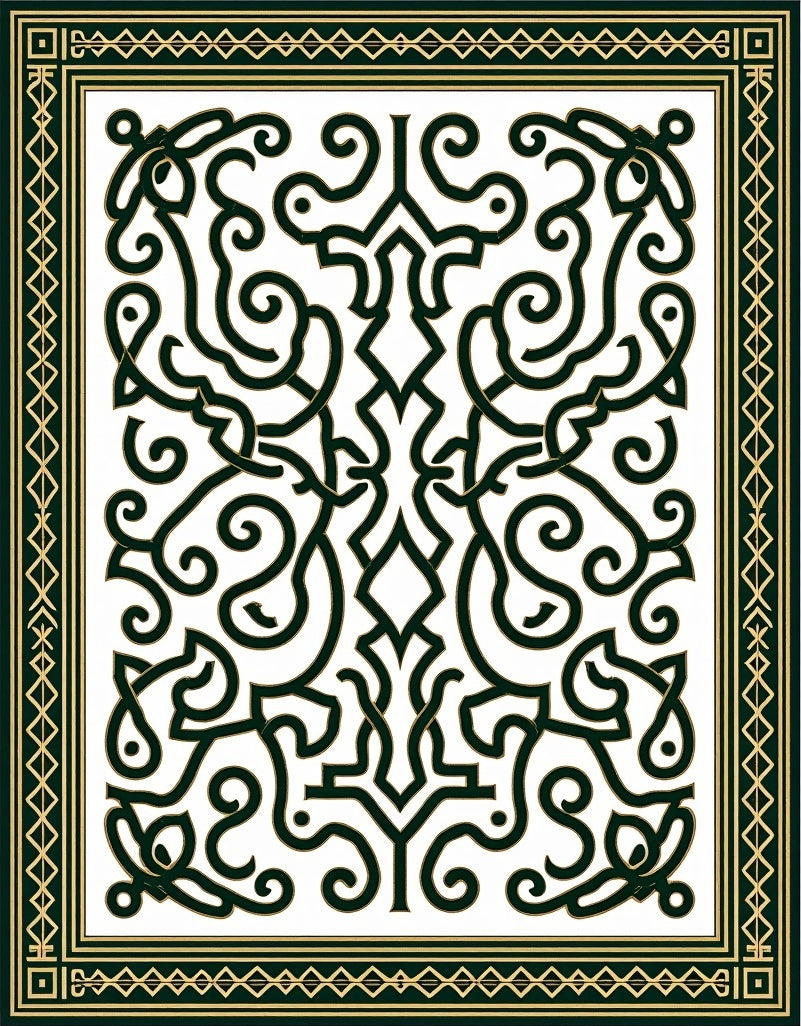 Dark Green White Scroll Filigree Border Rug