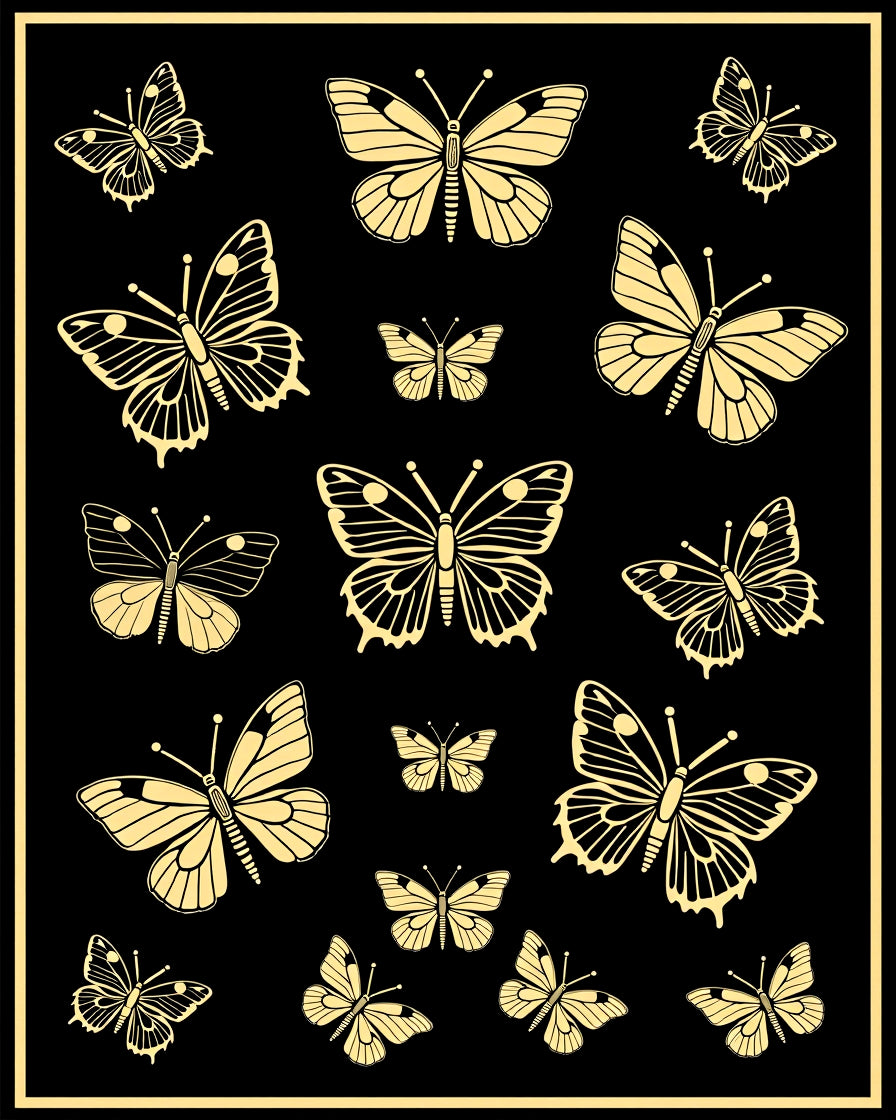 Golden Butterfly Garden Black Background Rug