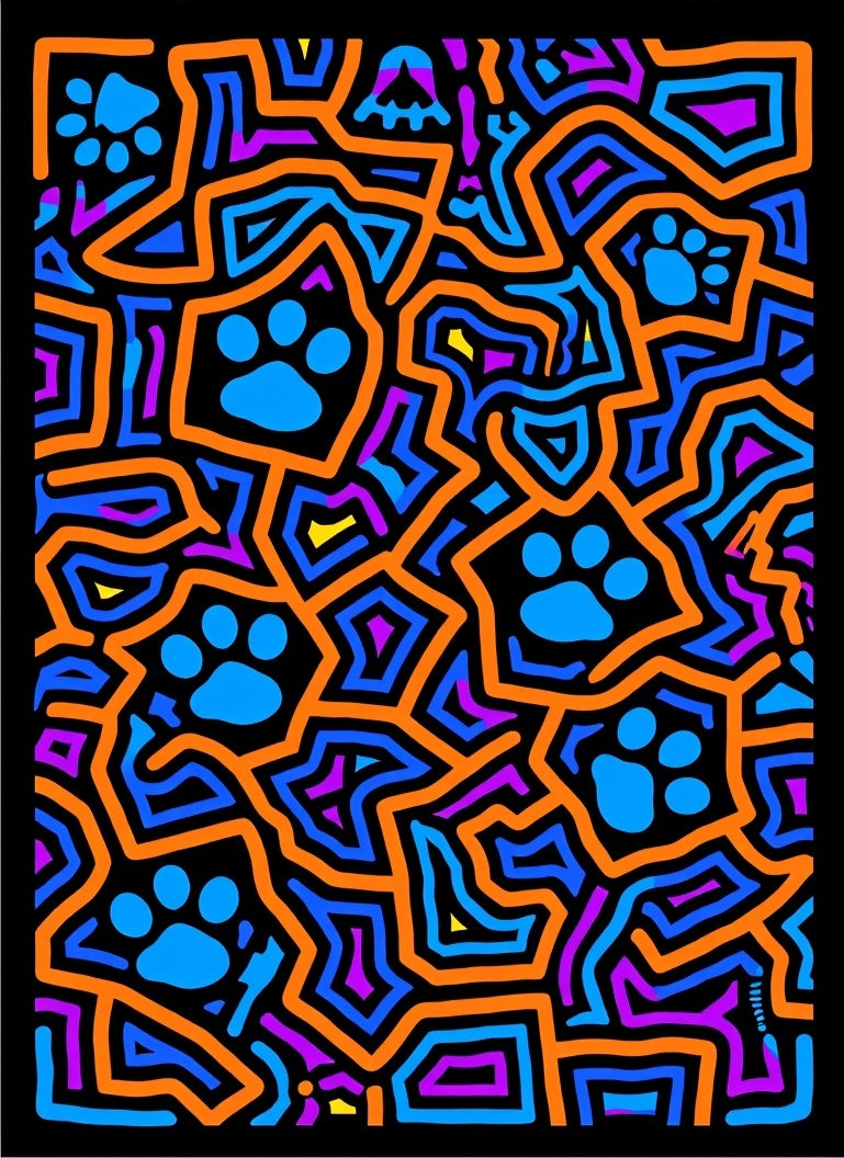 Vibrant Blue Paw Geometric Maze Rug
