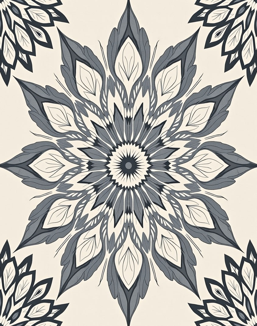 Dark Gray And White Mandala Pattern Rug