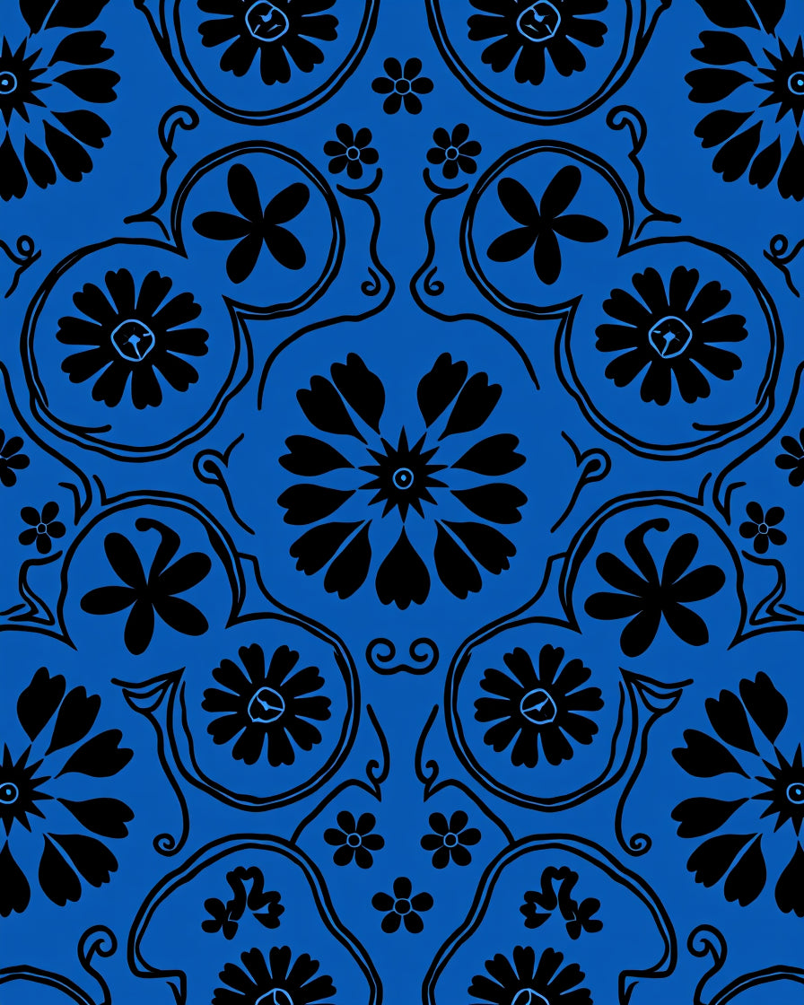 Bold Black Floral Rococo Design Rug