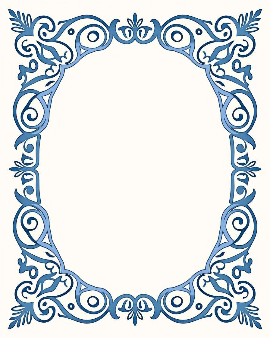 Elegant Blue Scrollwork Floral Frame Rug