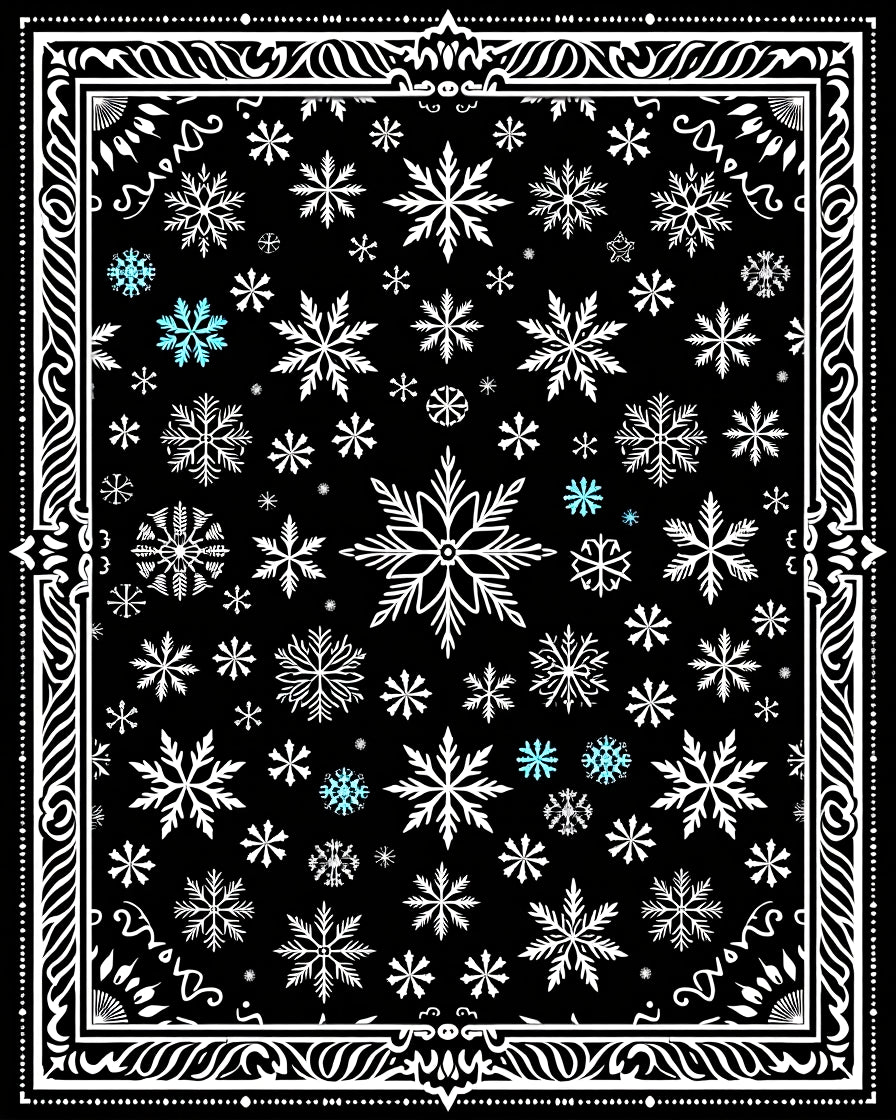 Winter Snowflake Patterned Black Rug