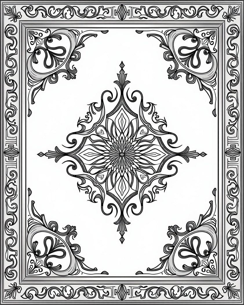 Ornate Floral Bordered Rococo Design Rug