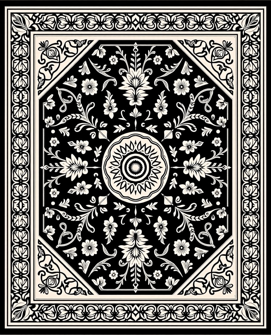 Classic Black Cream Floral Mandala Design Rug
