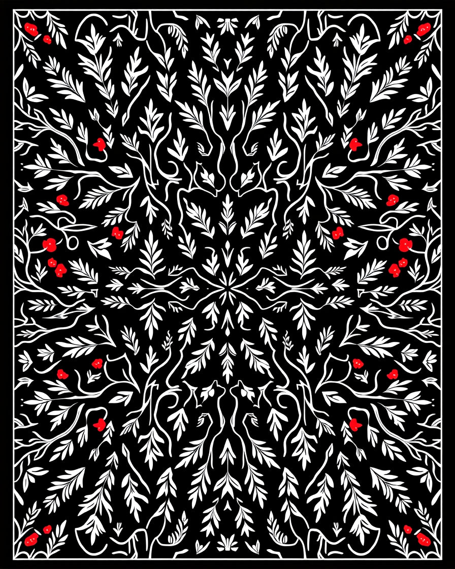 Black White Red Floral Vine Medallion Rug