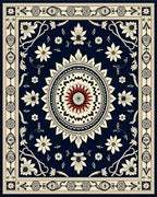 Dark Blue Ivory Floral Mandala Medallion Rug