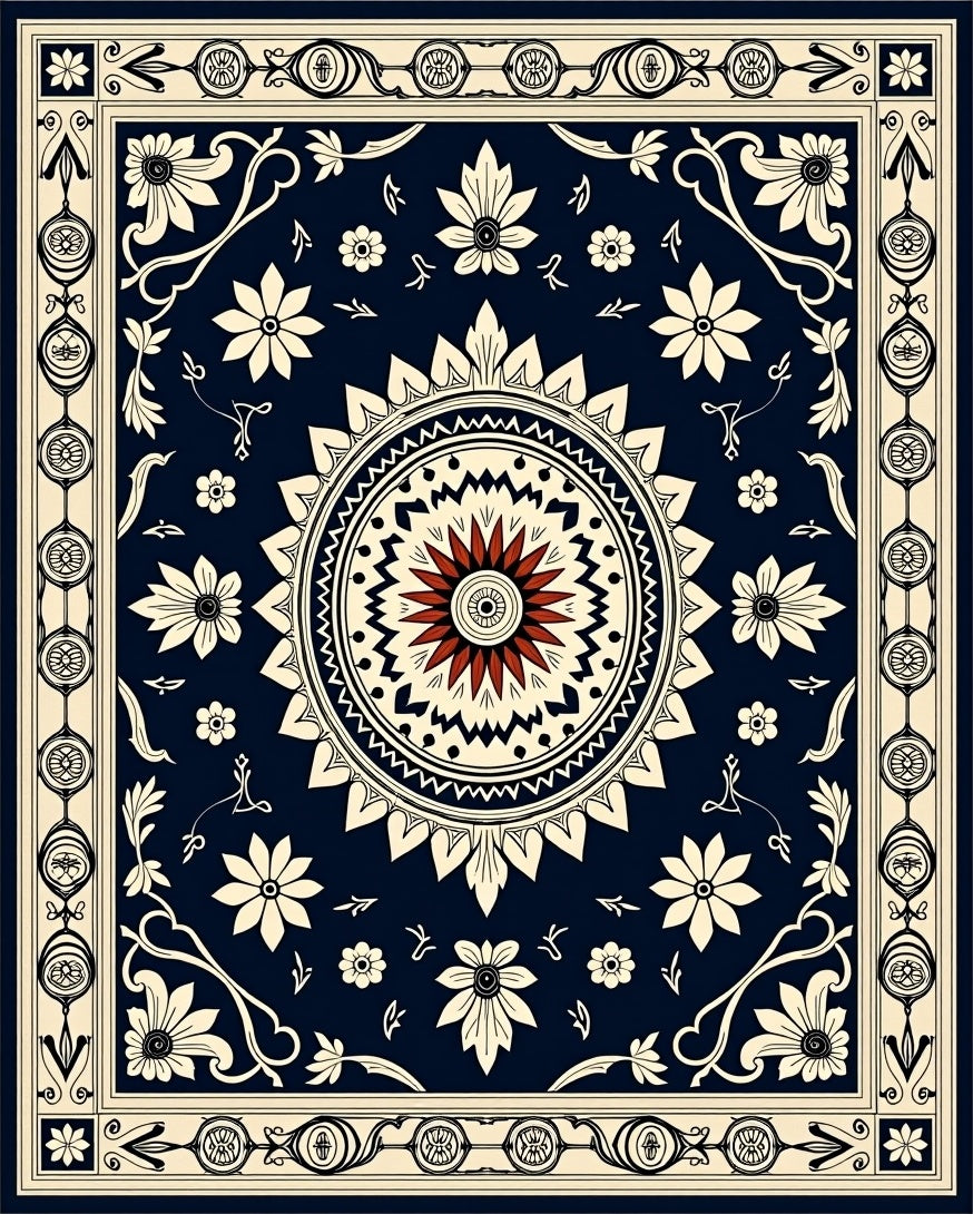 Dark Blue Ivory Floral Mandala Medallion Rug