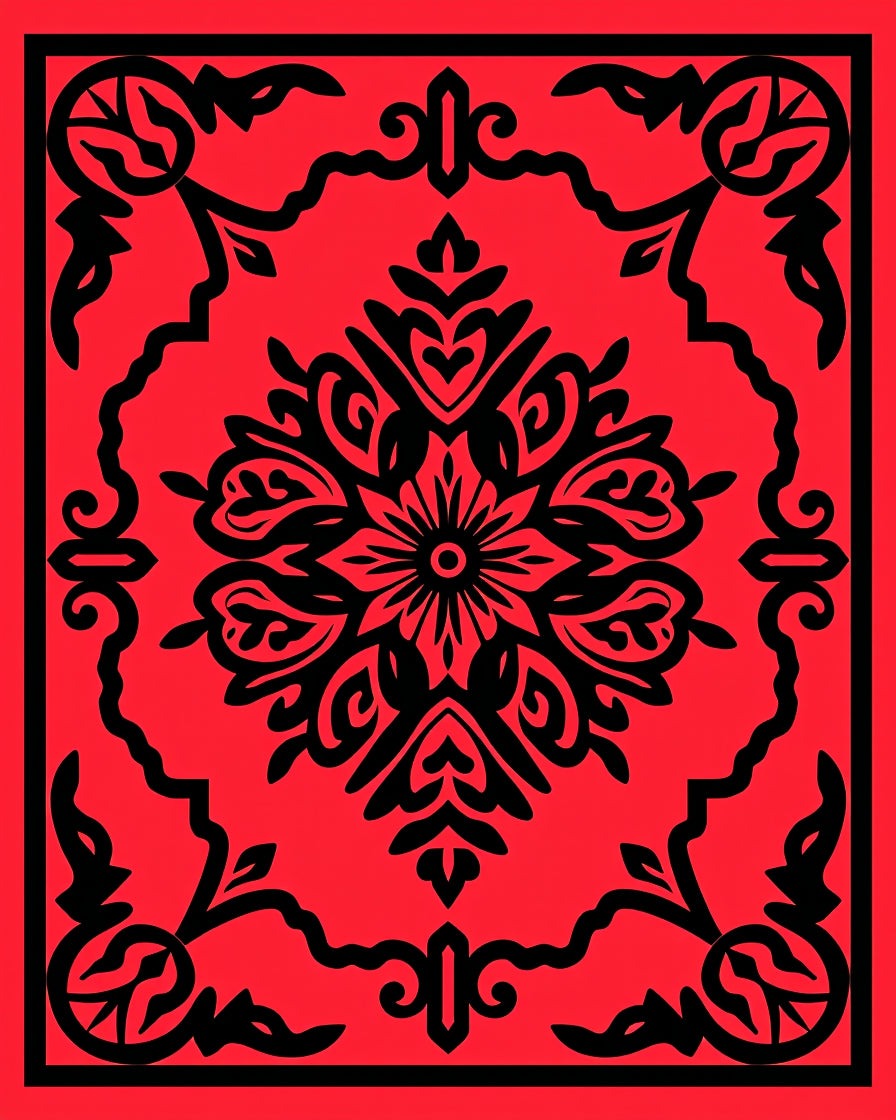 Red Black Ornate Floral Filigree Design Rug