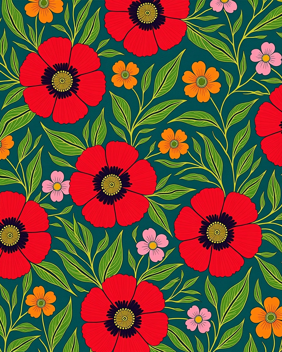 Bold Floral Pattern With Red Poppies Rug