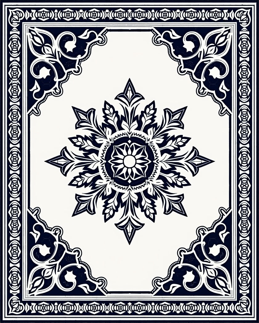 Ornate Floral Medallion Border Design Rug