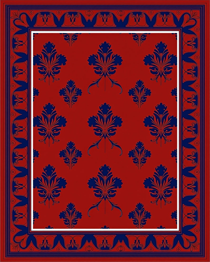 Bold Blue Floral Border Red Rug