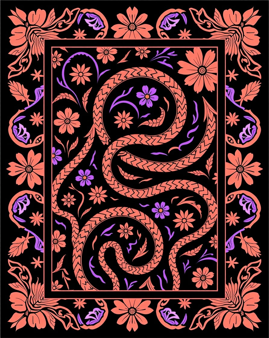Coral Snake And Floral Pattern Rug