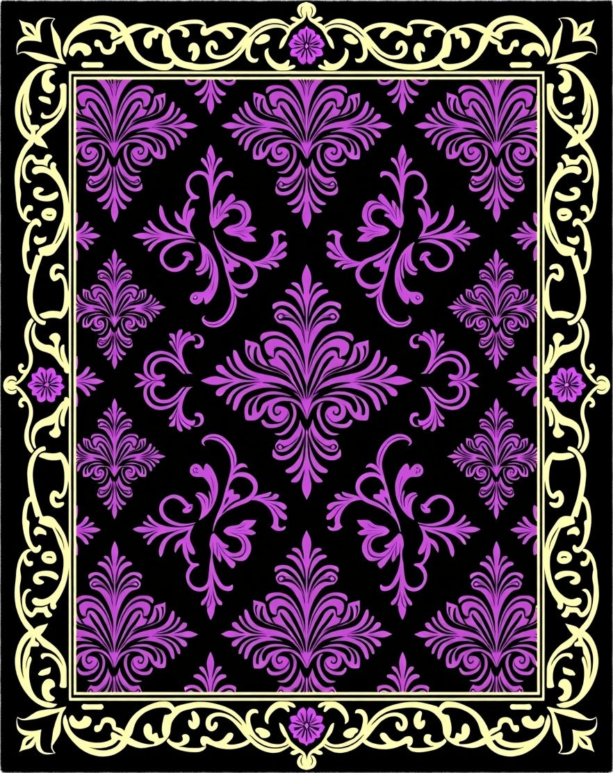 Black Purple Floral Damask Border Rug