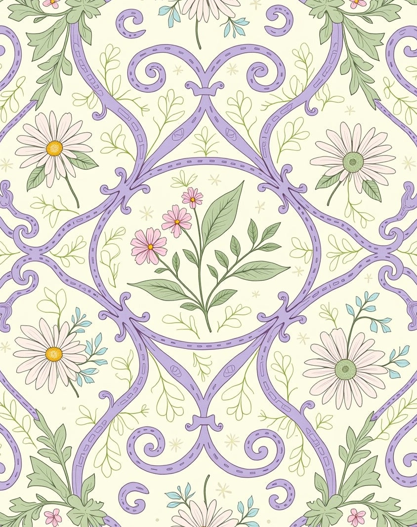 Lilac Floral Scrollwork Pattern Rug