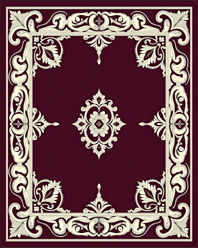 Ornate Ivory Floral Border Design Rug