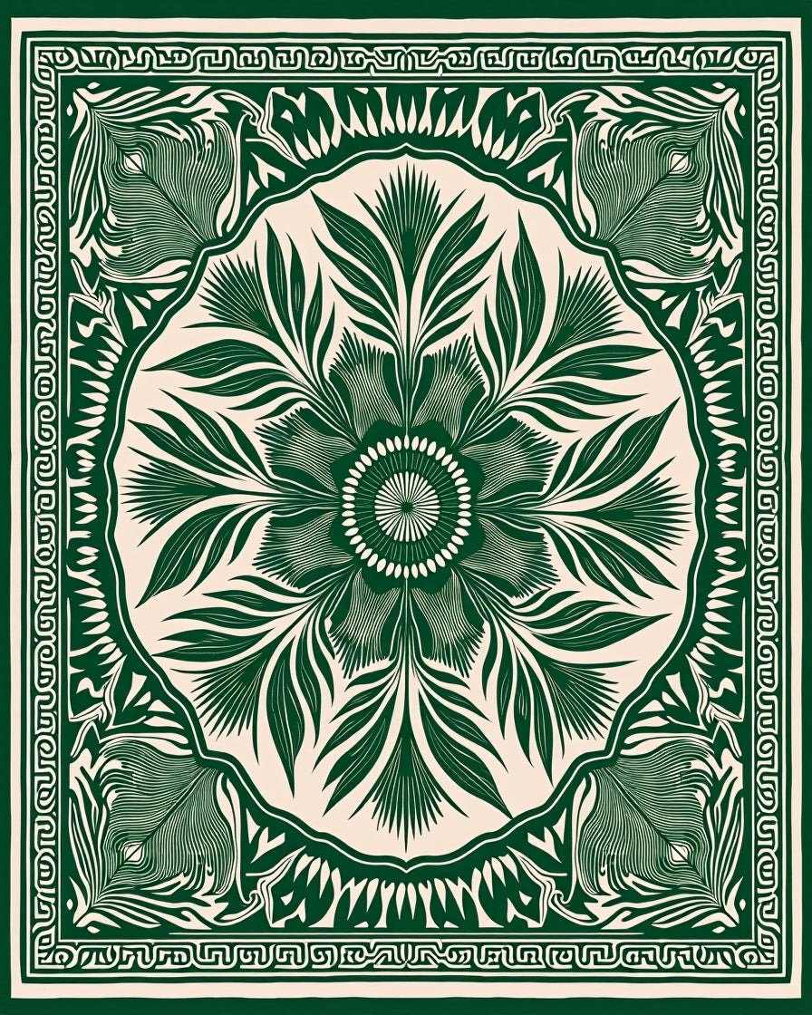 Green Floral Medallion Intricate Pattern Rug