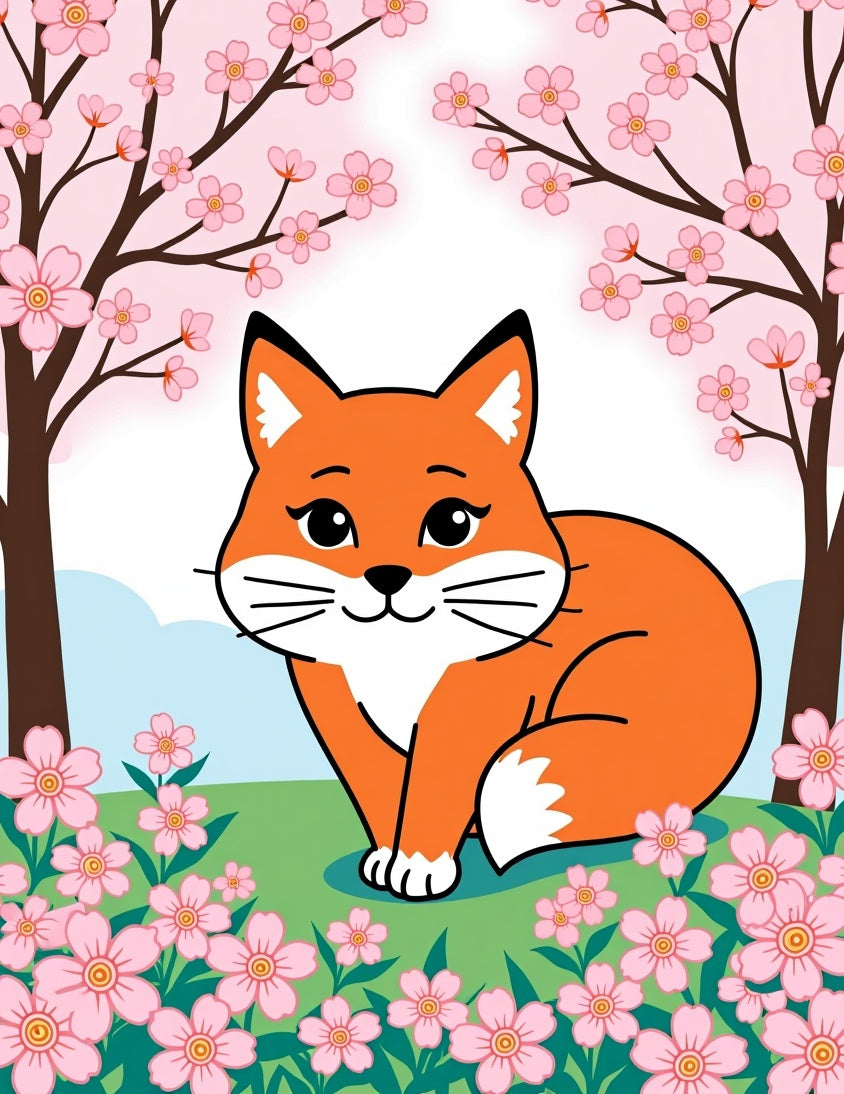 Cute Fox Amongst Pink Cherry Blossoms Rug