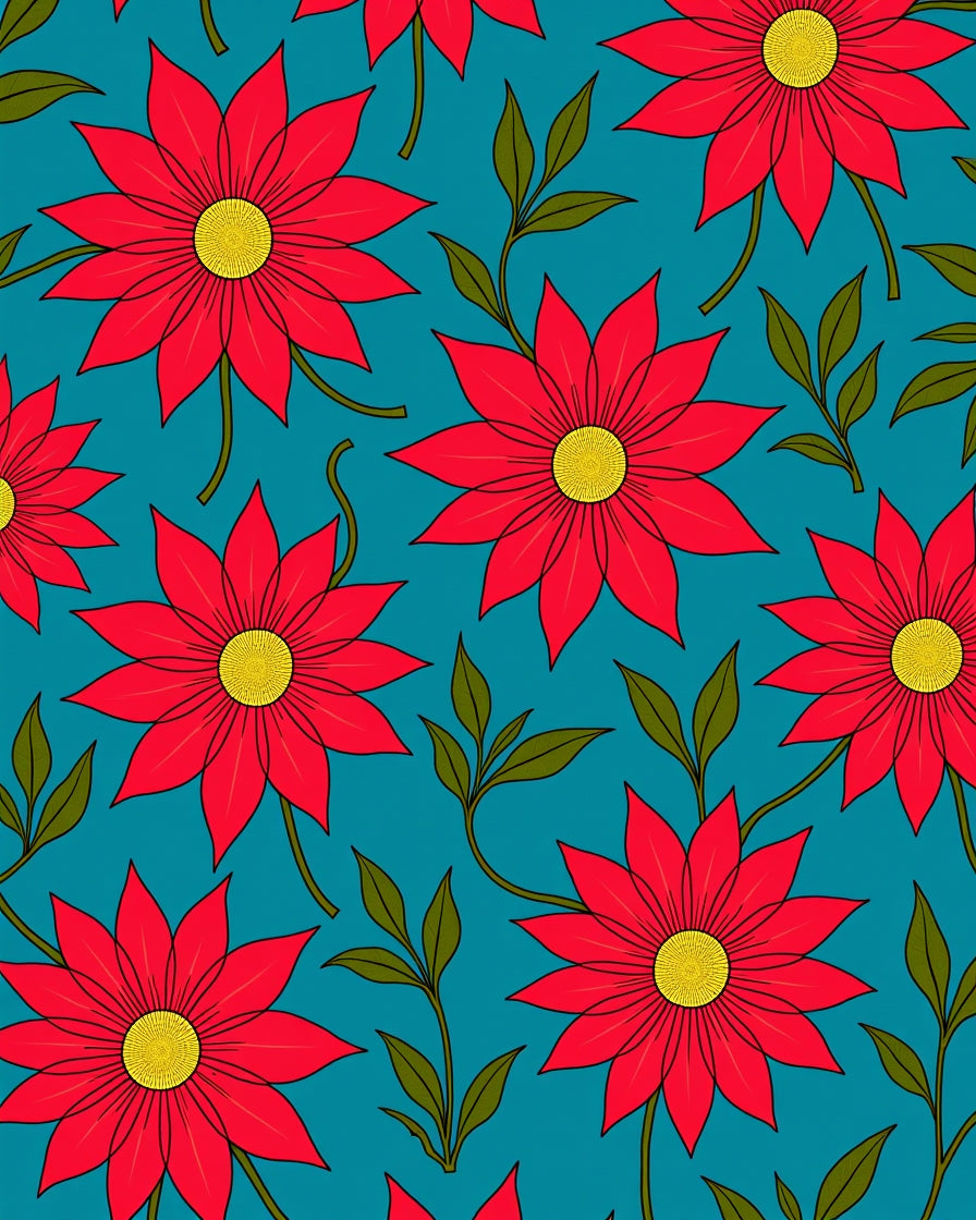 Vibrant Red Floral Teal Background Rug