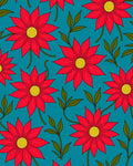Vibrant Red Floral Teal Background Rug