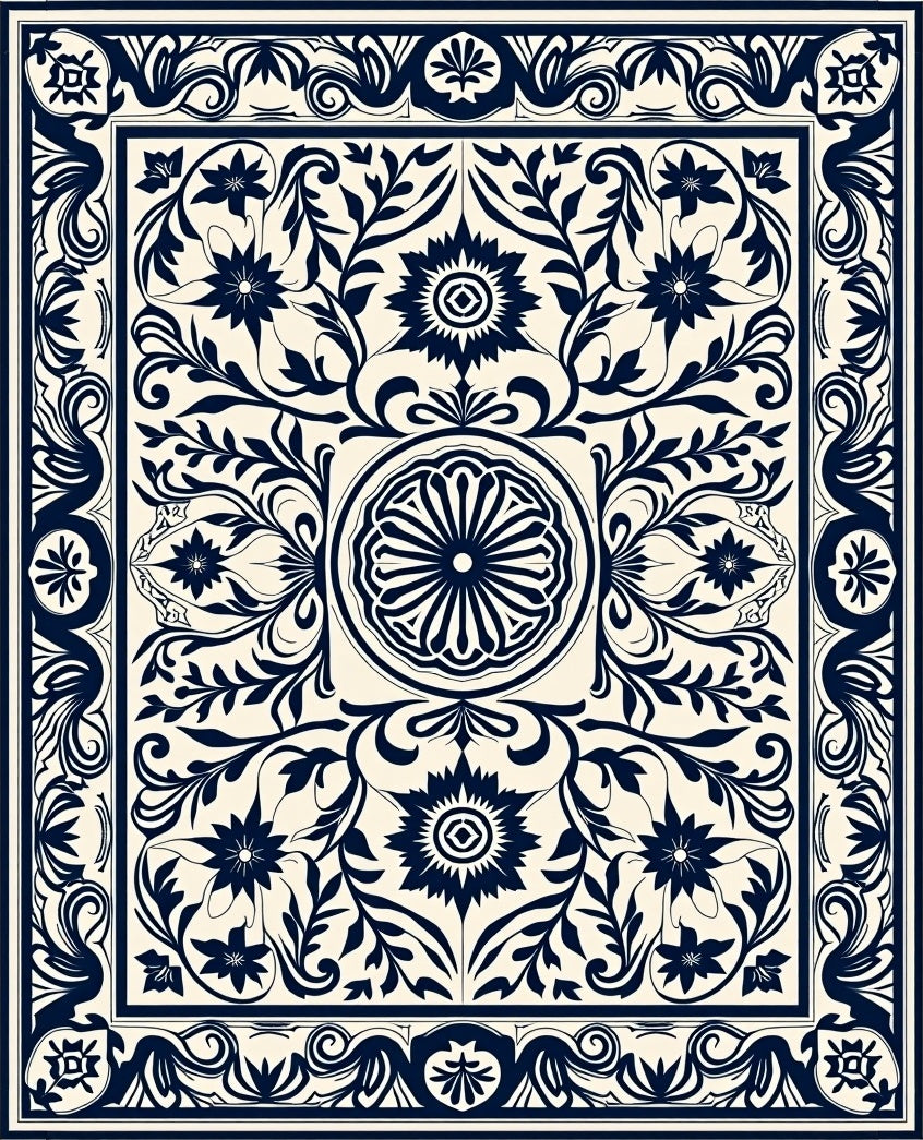 Classic Navy Floral Vines Artwork Rug