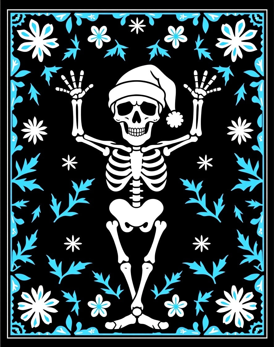 Black White Sky Blue Skeleton Floral Rug