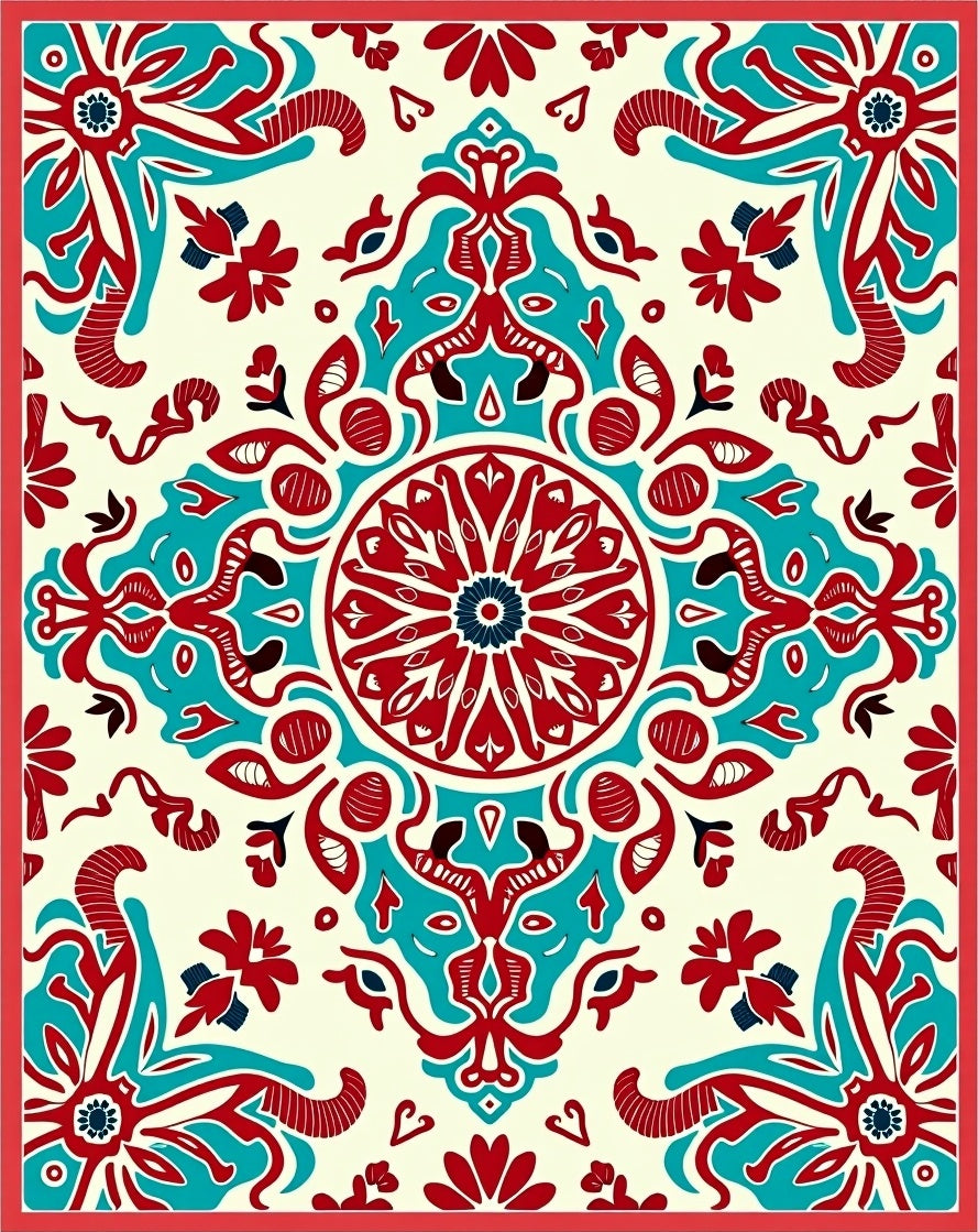Red Teal Geometric Mandala Pattern Rug