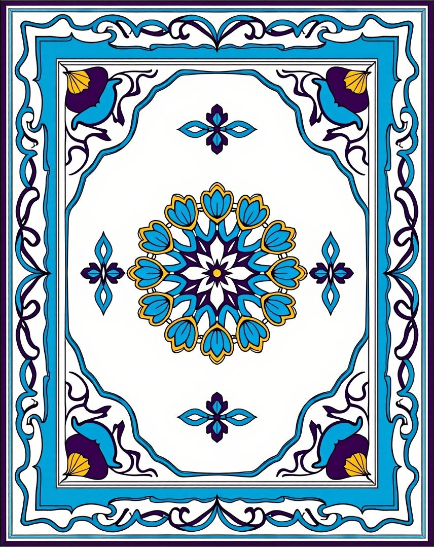 Ornate Floral Medallion Blue Tan Rug