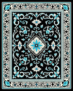 Black Teal Floral Scrollwork Design Rug