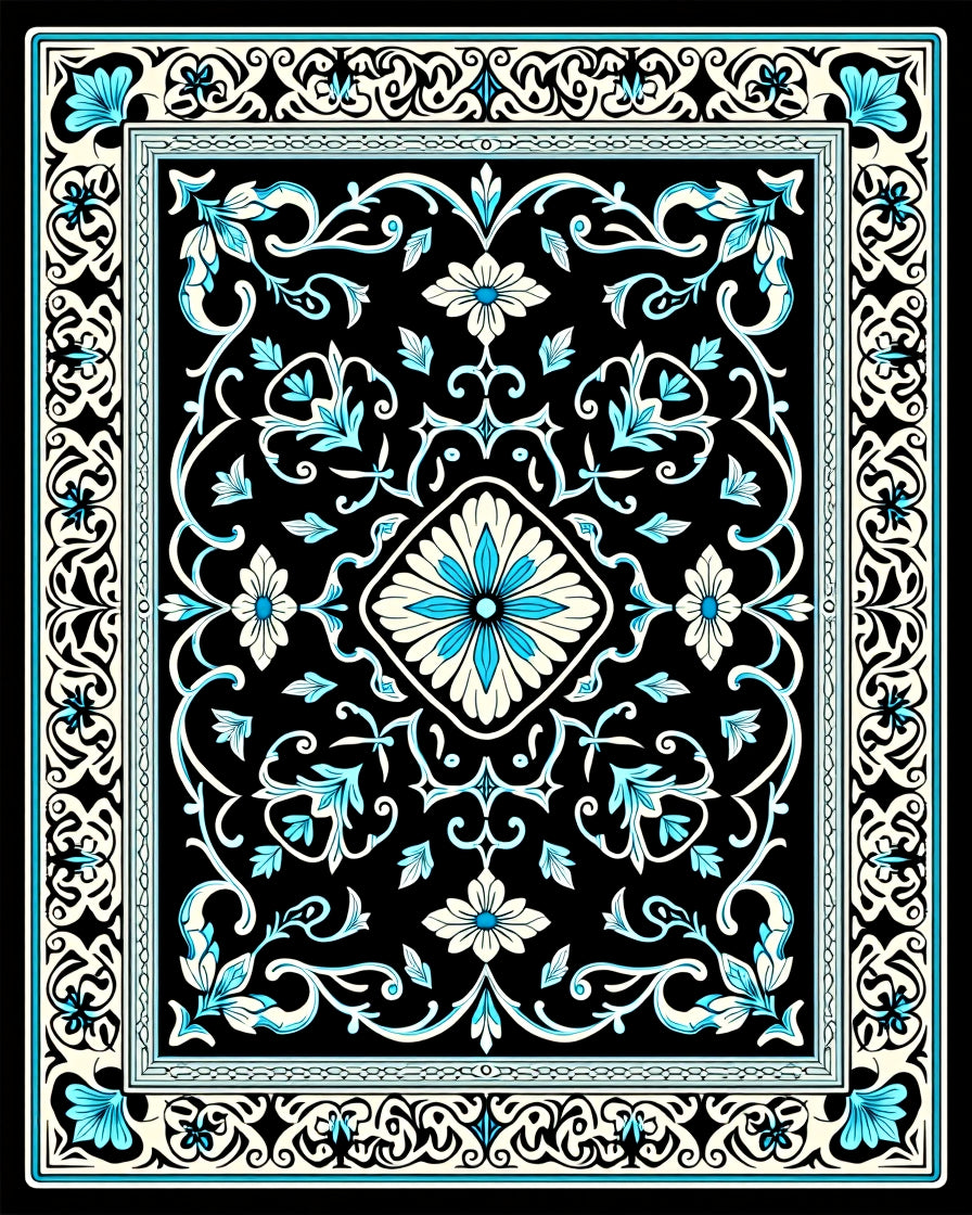 Black Teal Floral Scrollwork Design Rug