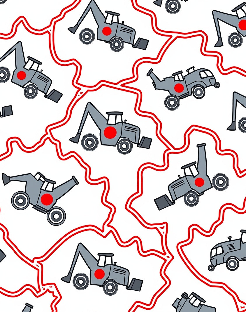 Gray Excavator Pattern With Red Outline Rug