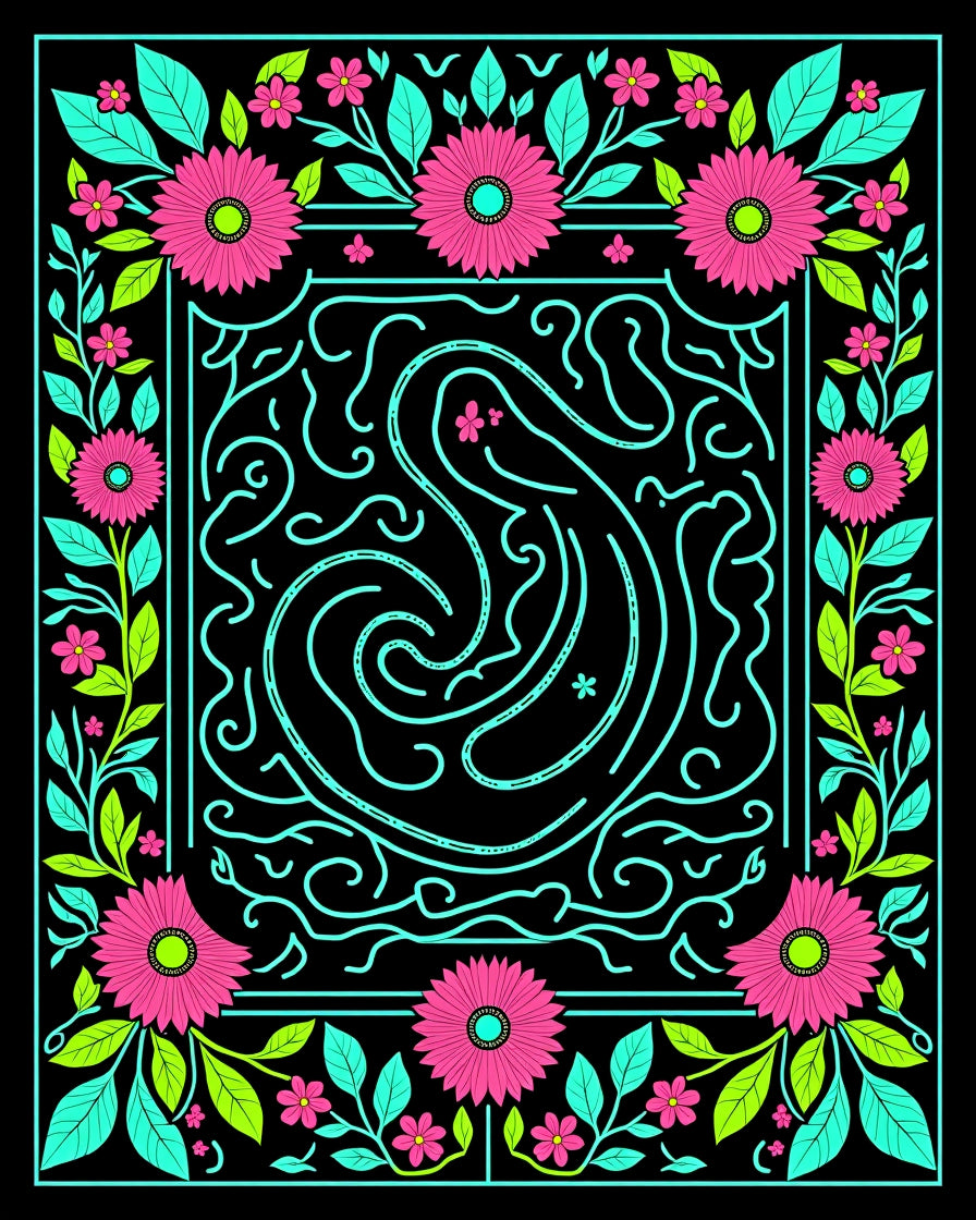 Bright Floral Swirl Vibrant Line Art Rug