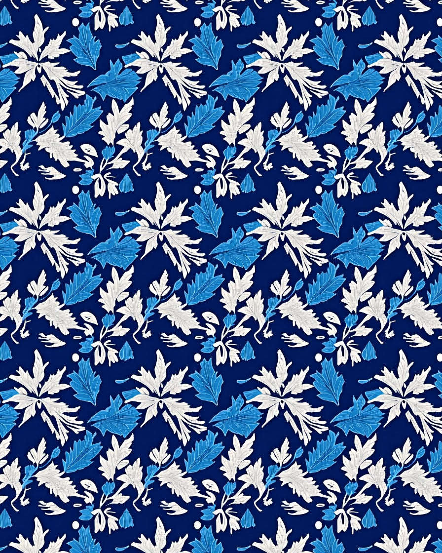 Deep Blue White Leaf Foliage Rug