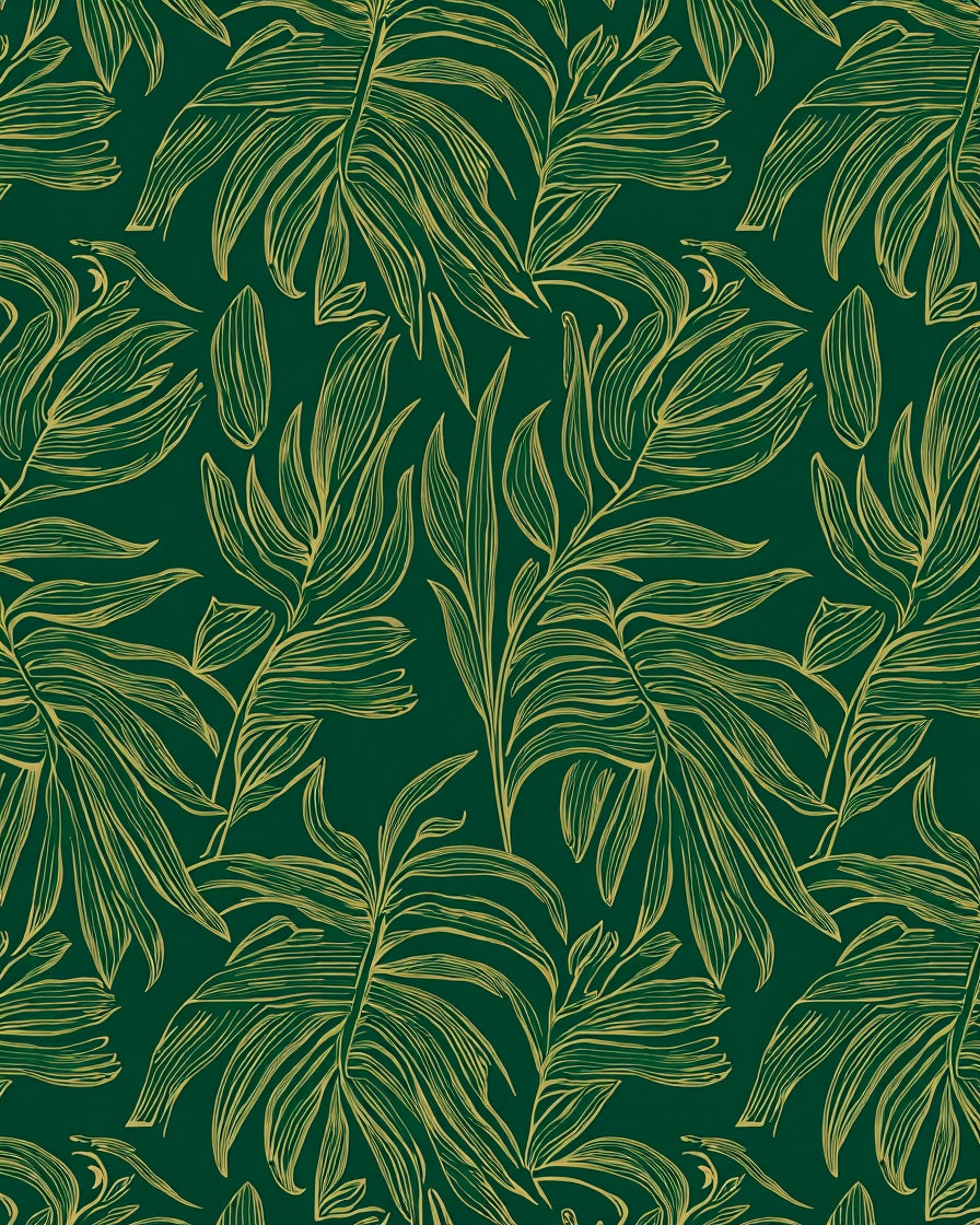 Elegant Green Gold Leaf Pattern Rug