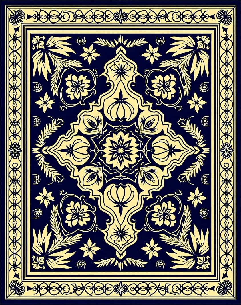 Navy Yellow Floral Mandala Pattern Rug