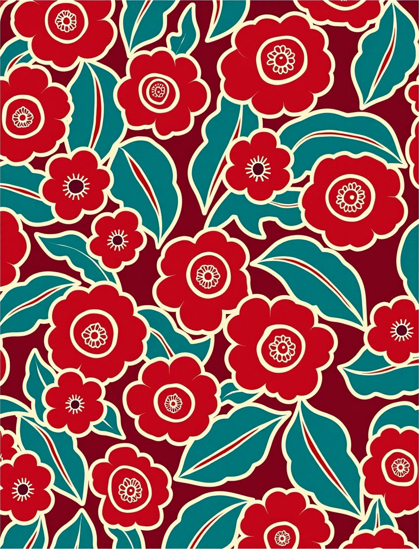 Bold Floral Pattern Red Teal Cream Rug