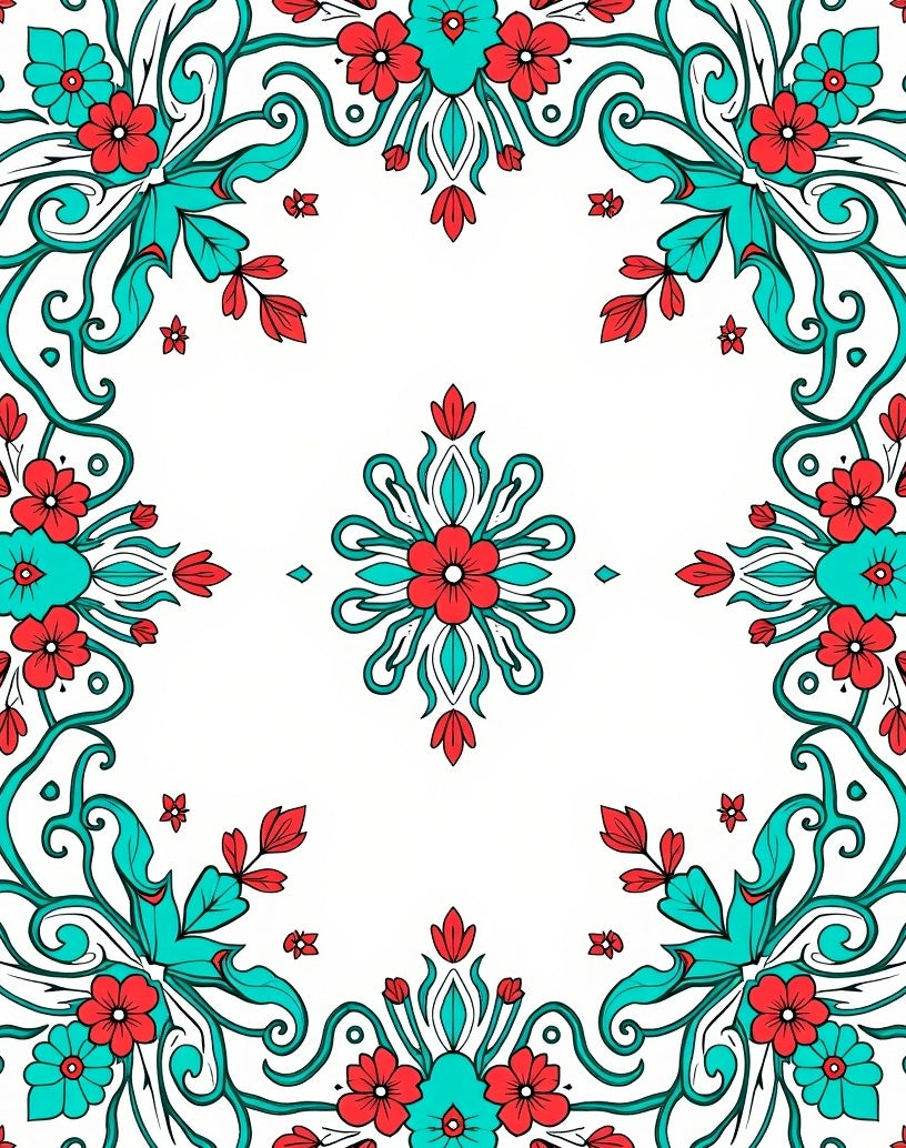 Red Teal Floral Vining Pattern Rug