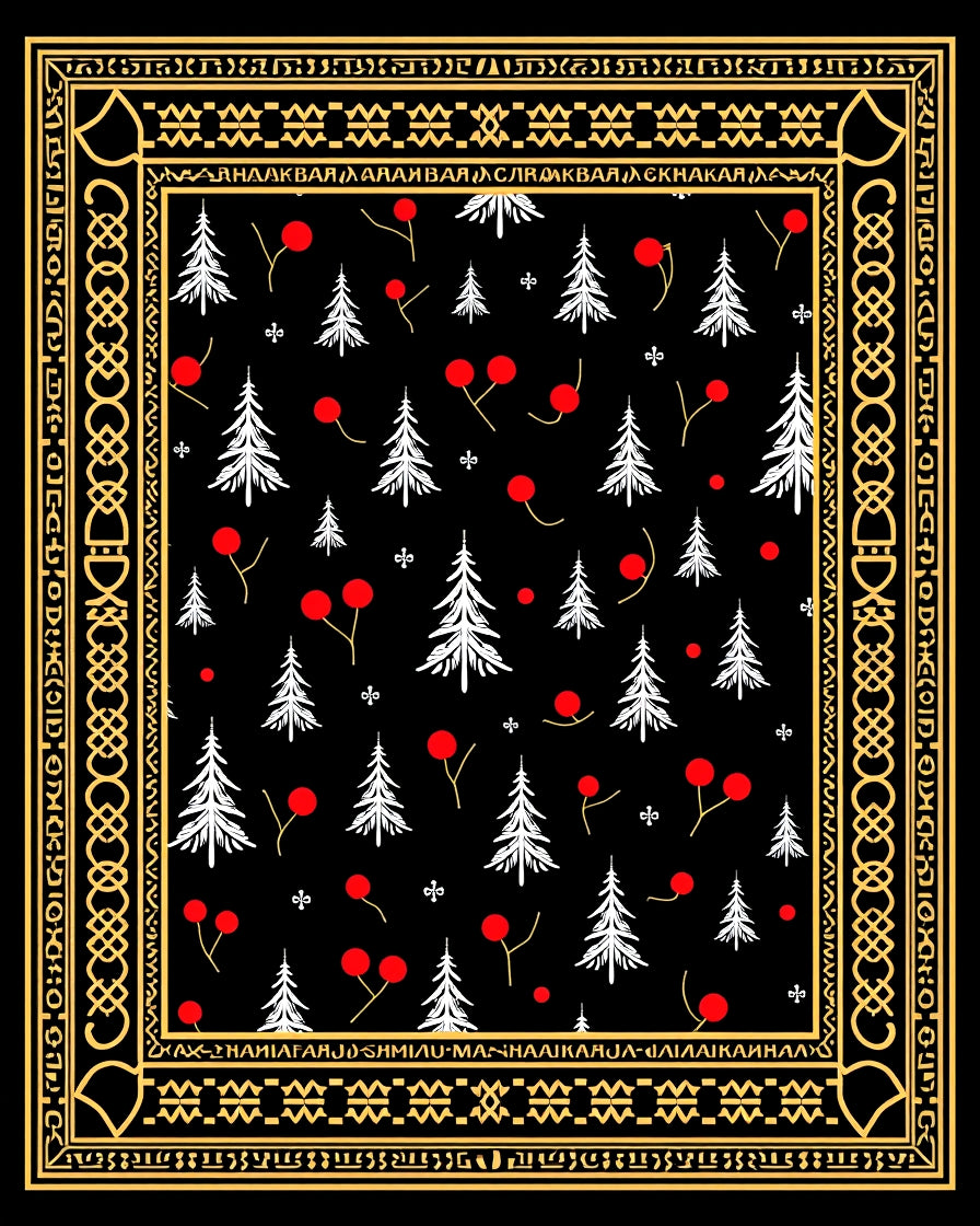 Golden Bordered White Trees Red Berries Rug