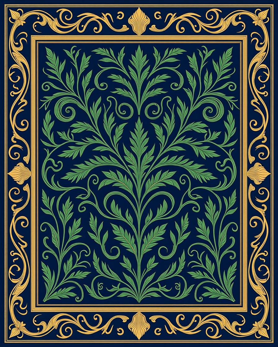 Ornate Green Foliage Gold Border Rug