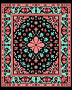 Coral Aqua Floral Symmetry Pattern Rug
