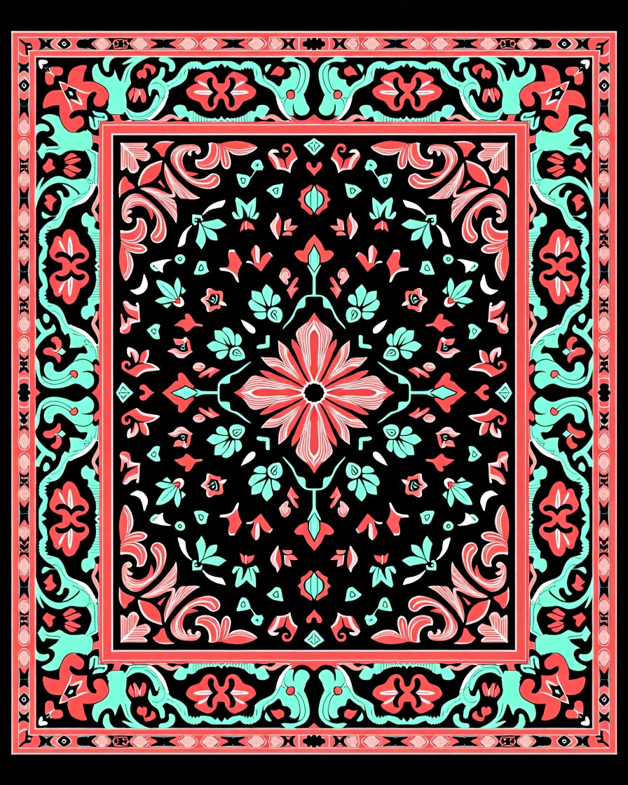 Coral Aqua Floral Symmetry Pattern Rug