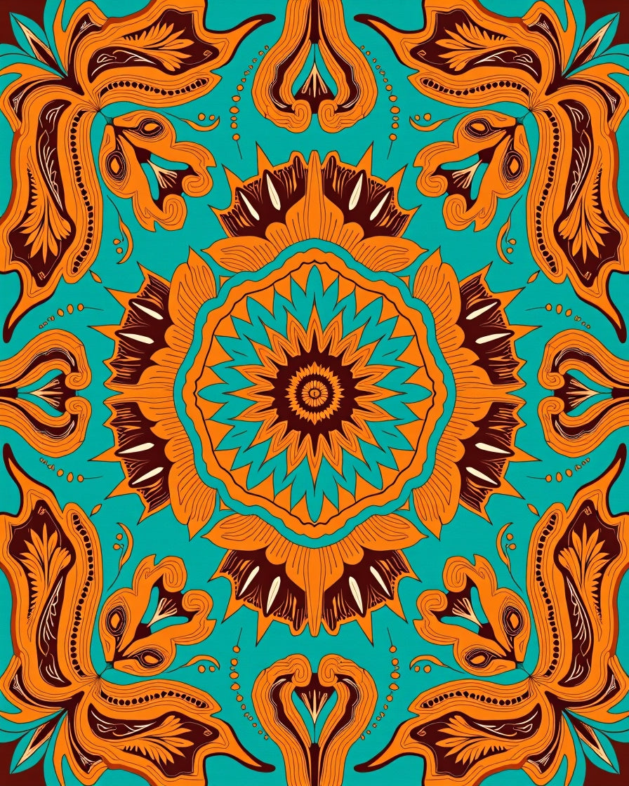 Vibrant Orange Teal Mandala Art Rug