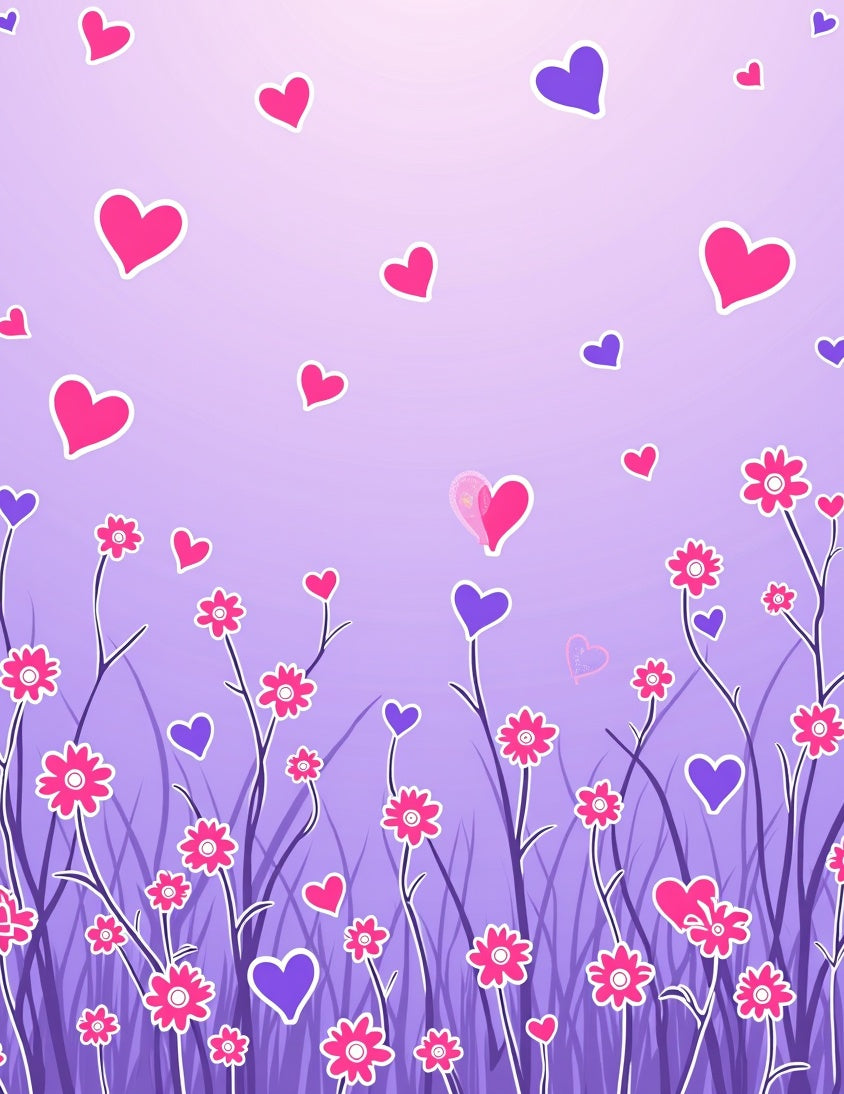 Whimsical Pink Purple Hearts Floral Meadow Rug
