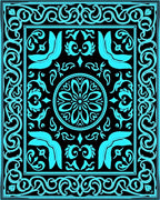 Retro Teal Scrollwork Floral Pattern Rug