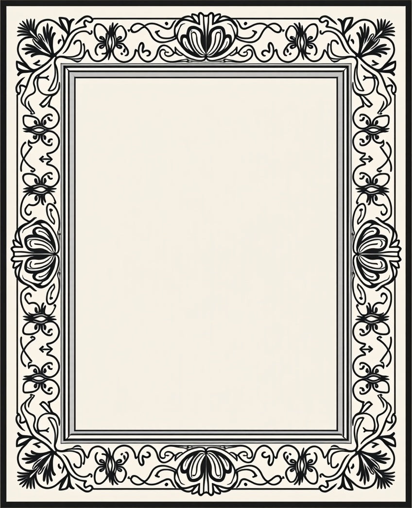 Ornate Black Floral Border Design Rug